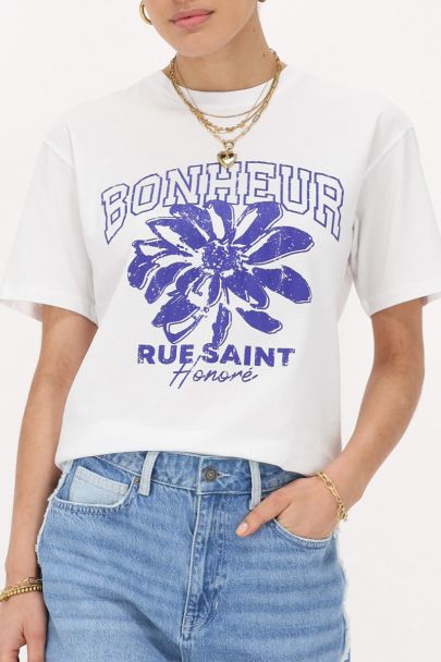 Wit T-shirt met blauwe "Bonheur"