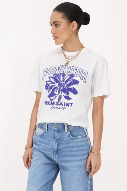 Wit T-shirt met blauwe "Bonheur"
