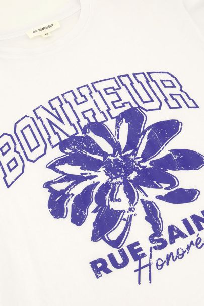 Wit T-shirt met blauwe 'Bonheur'