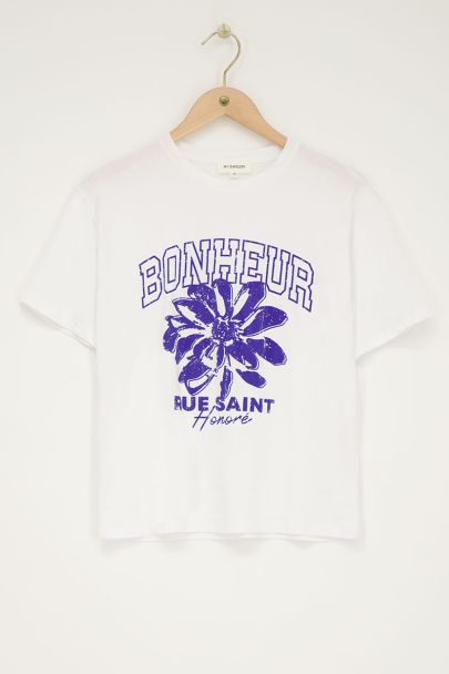 White T-shirt with blue "Bonheur"