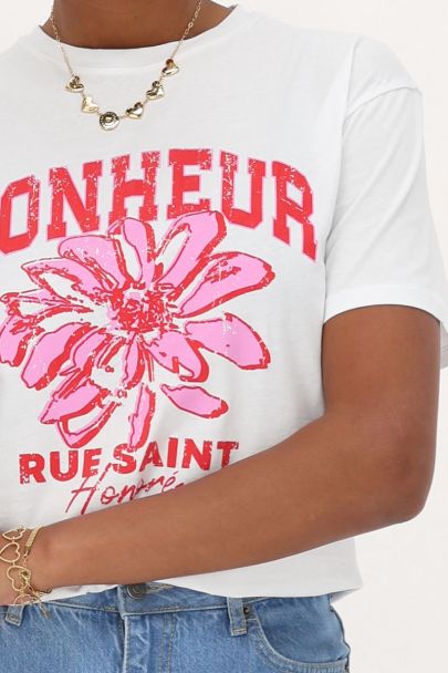 Wit T-shirt met rood "Bonheur"
