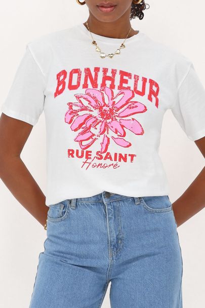 Wit T-shirt met rood "Bonheur"