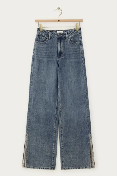 Jean large bleu avec franges et strass