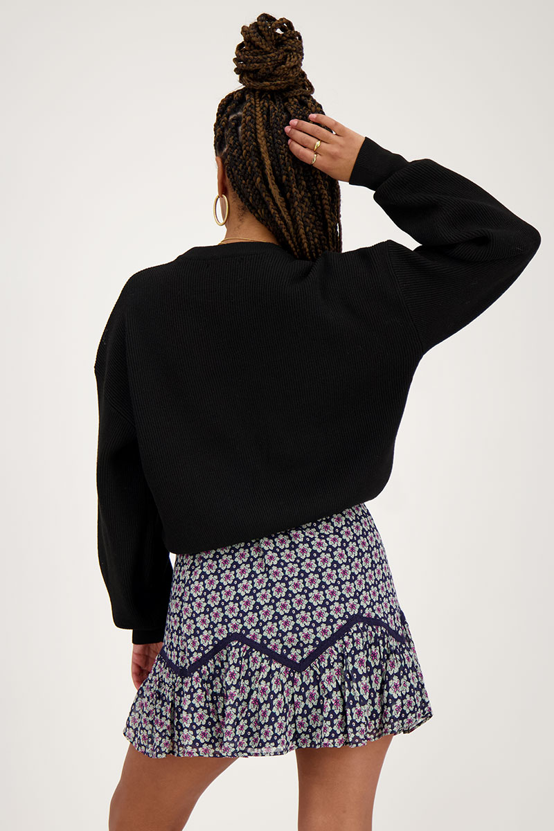 Dark blue skirt with flower print and ruffles | My Jewellery