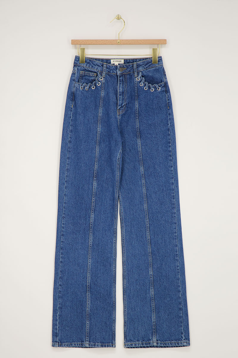 Dark blue wide leg jeans with eyelets