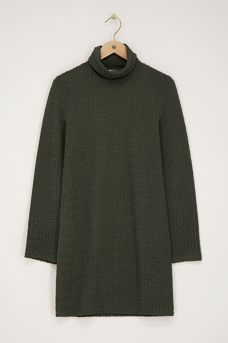 Dark green textured dress & turtleneck | My jewellery