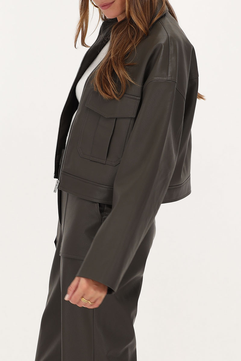 Dark green leather jacket with pockets | My Jewellery