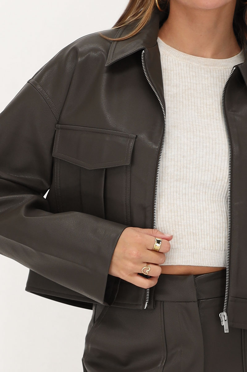 Dark green leather jacket with pockets | My Jewellery