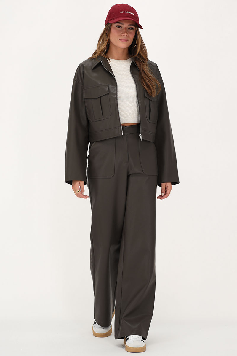 Dark green leather jacket with pockets | My Jewellery