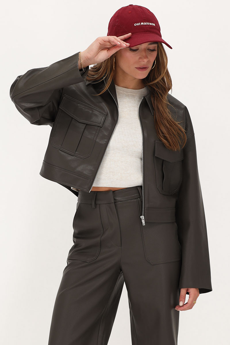 Dark green leather look trousers with pockets | My Jewellery