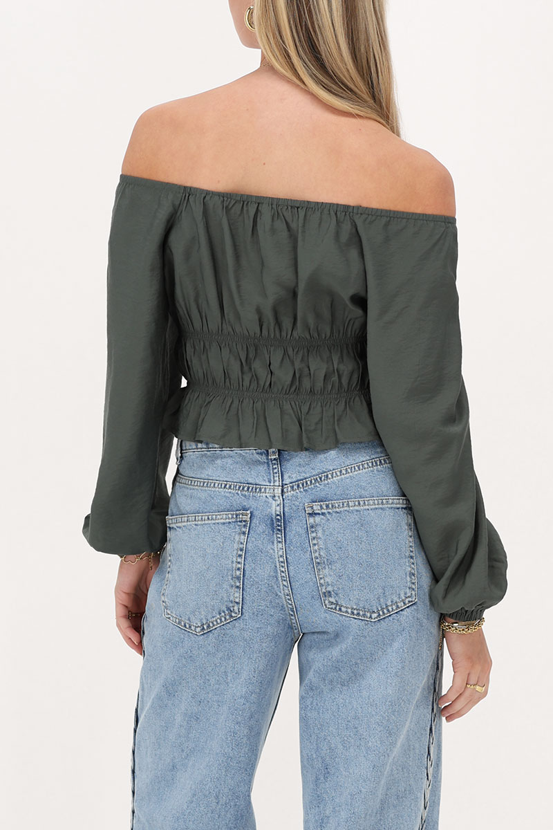 Dark green off shoulder top with ruffles | My Jewellery
