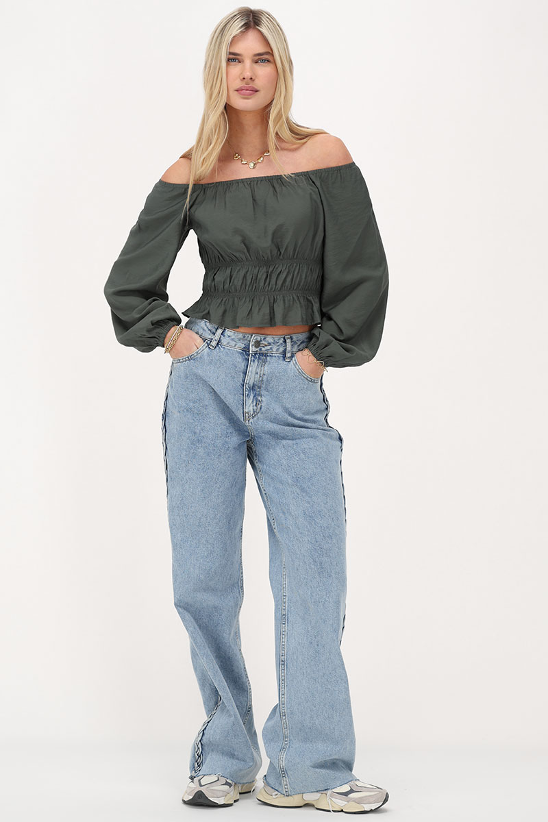 Dark green off shoulder top with ruffles | My Jewellery