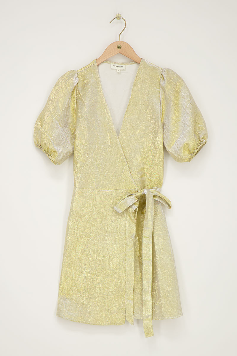 Gold wrap dress with puff sleeves | My Jewellery