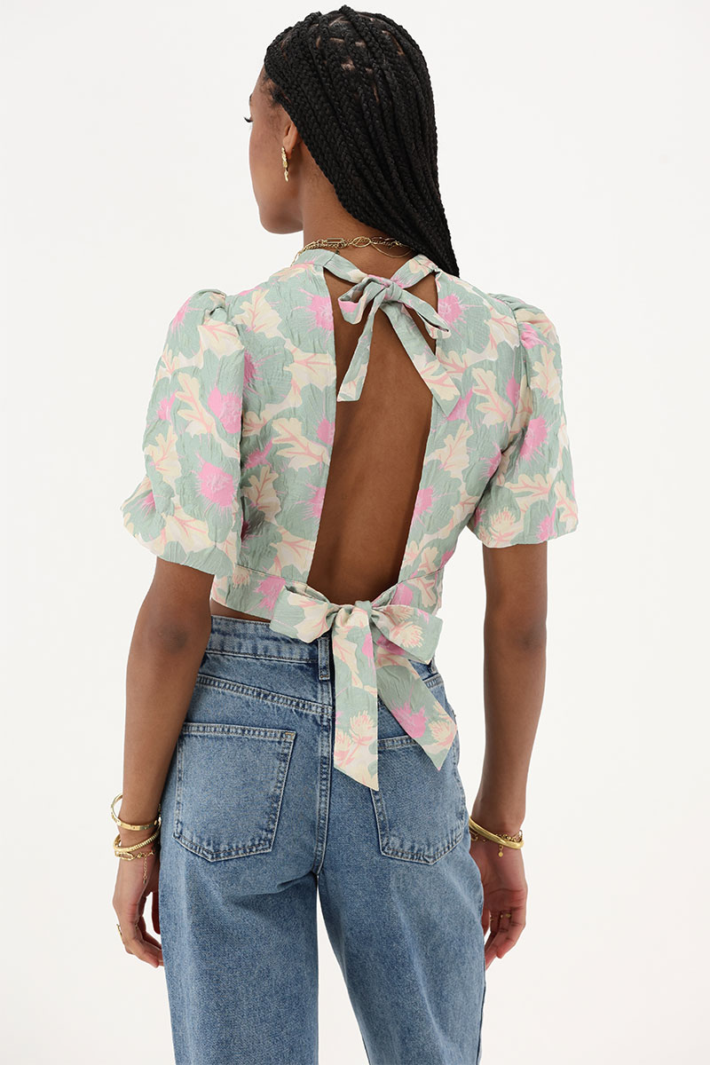 Green jacquard top with open back | My Jewellery