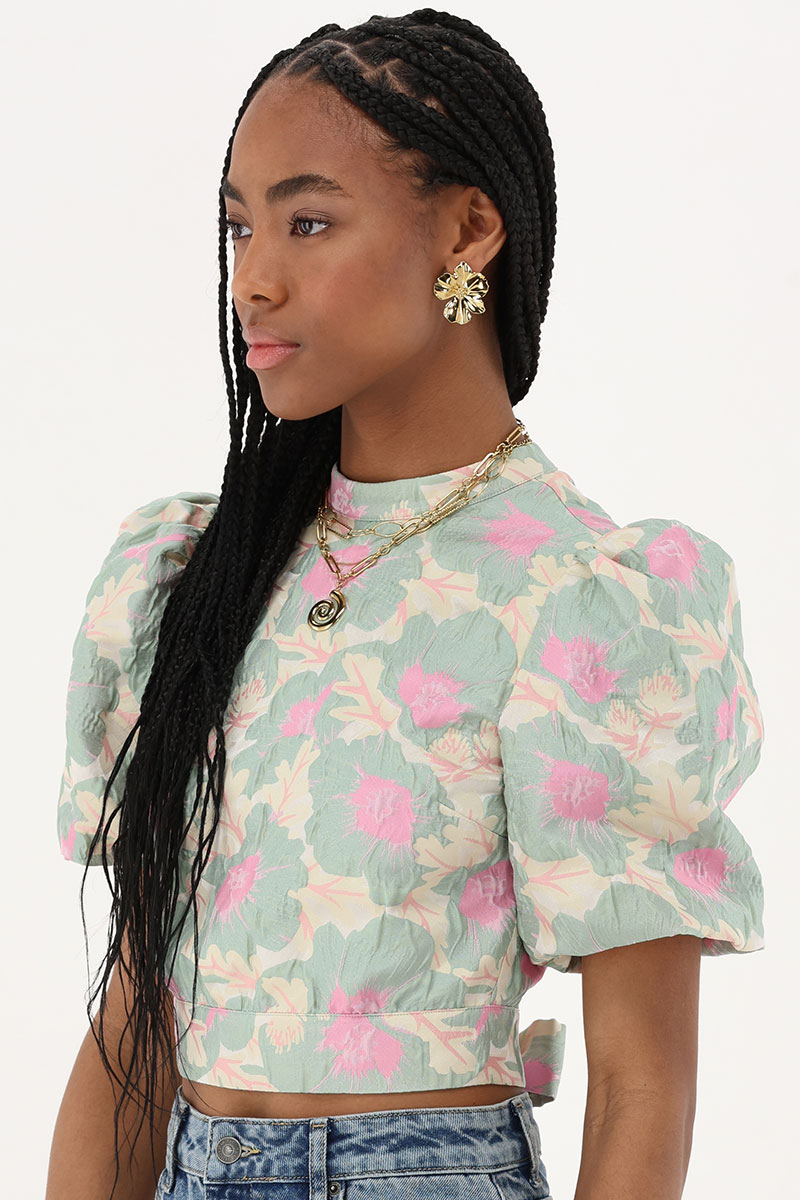 Green jacquard top with open back | My Jewellery