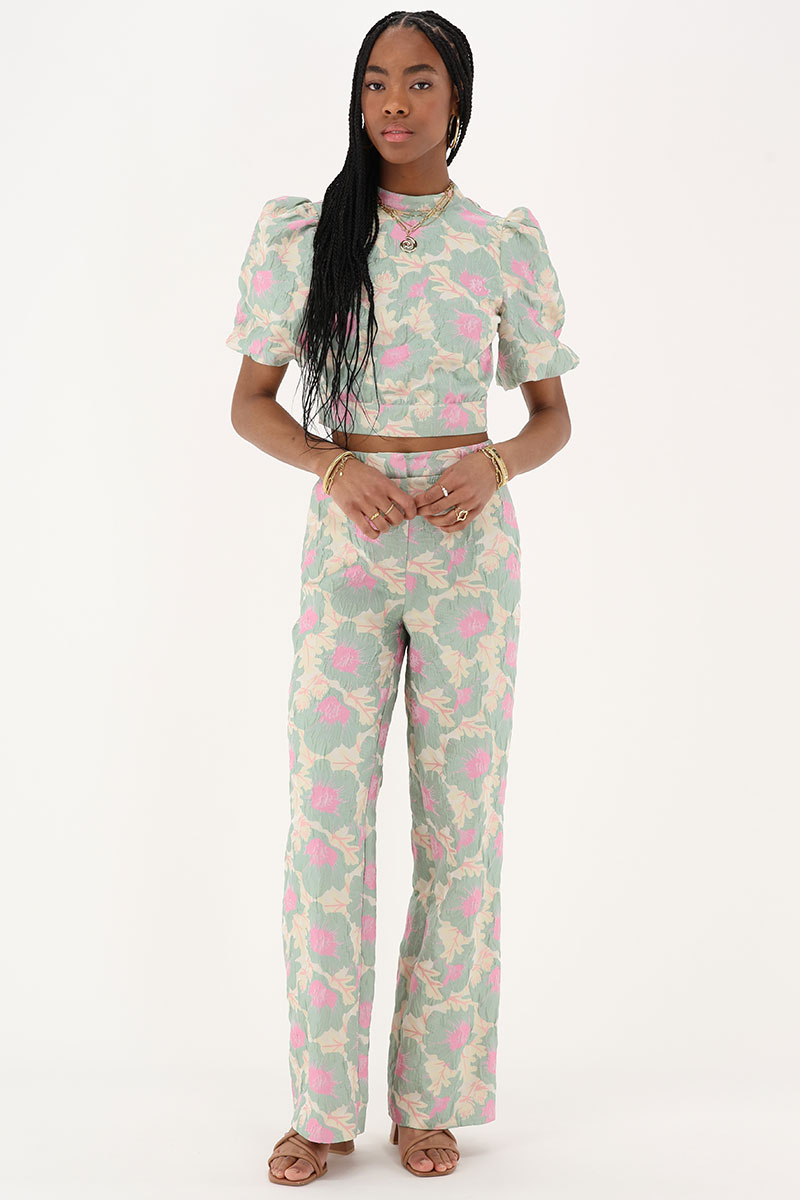 Green jacquard wide leg trousers | My Jewellery