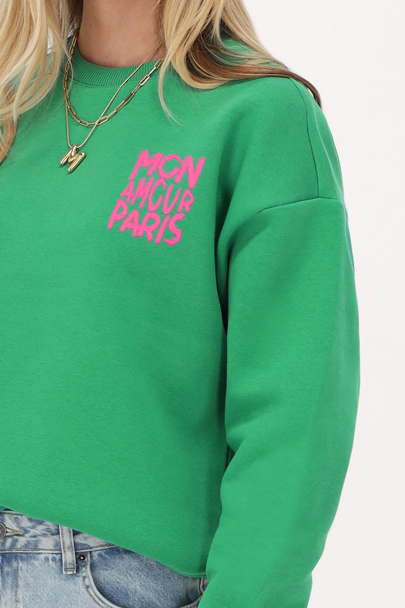 Green sweater with pink "Mon amour Paris" | My Jewellery