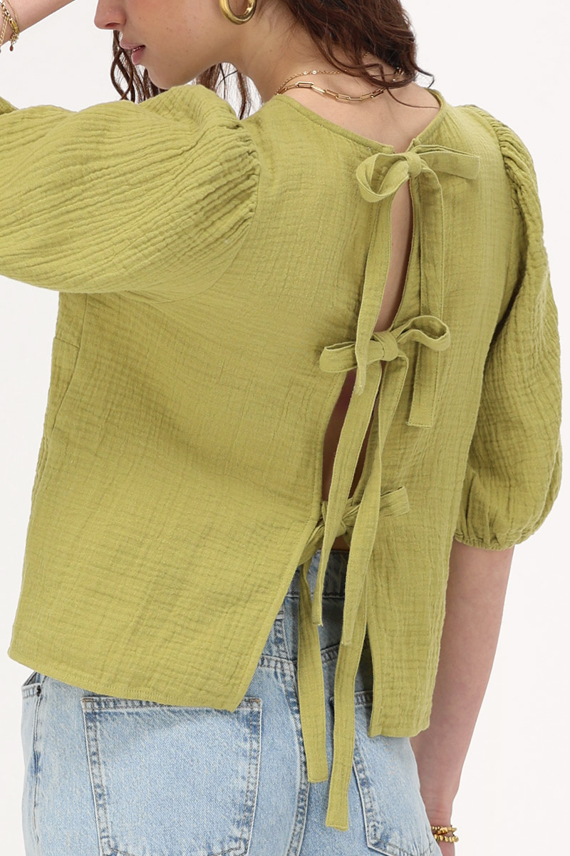 Green top with bows & puff sleeves | My Jewellery