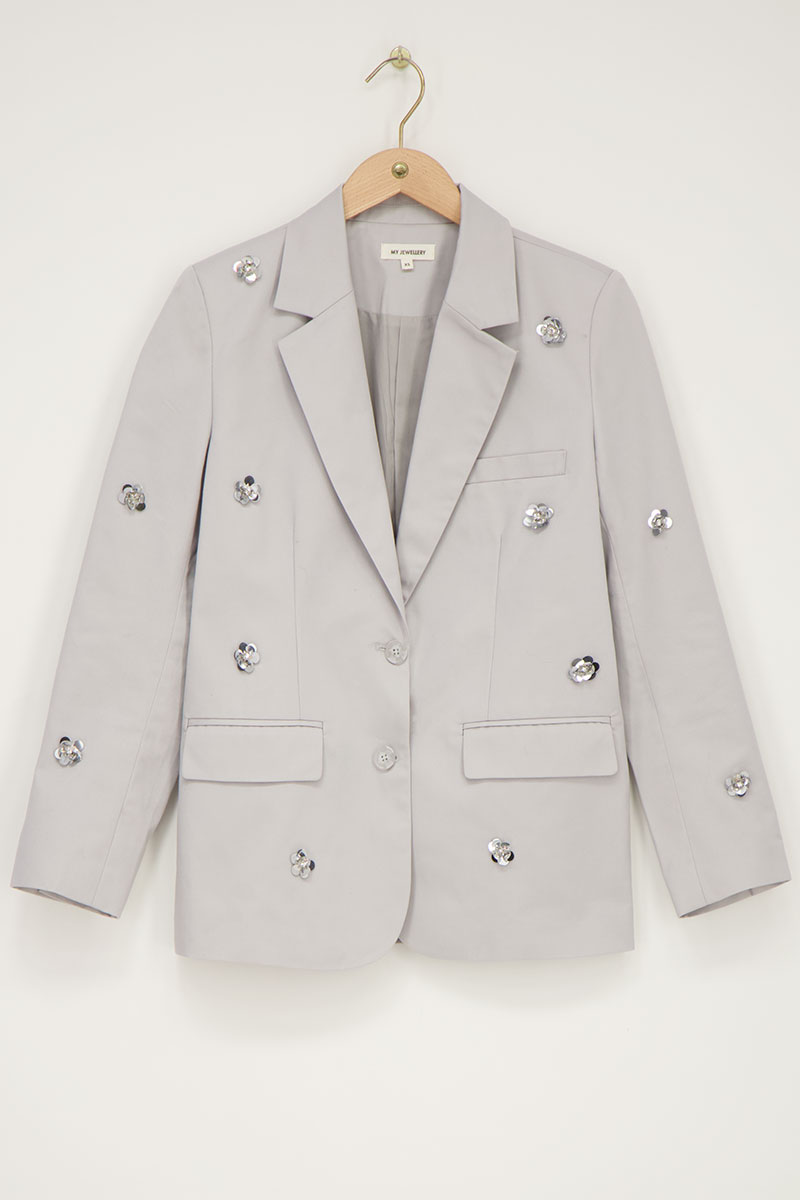 Gray blazer with silver 3D flowers | My Jewellery