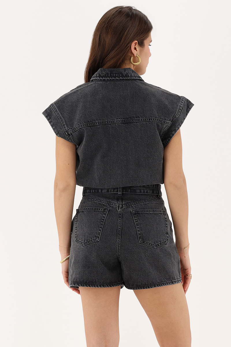 Grey denim playsuit with waistband | My Jewellery