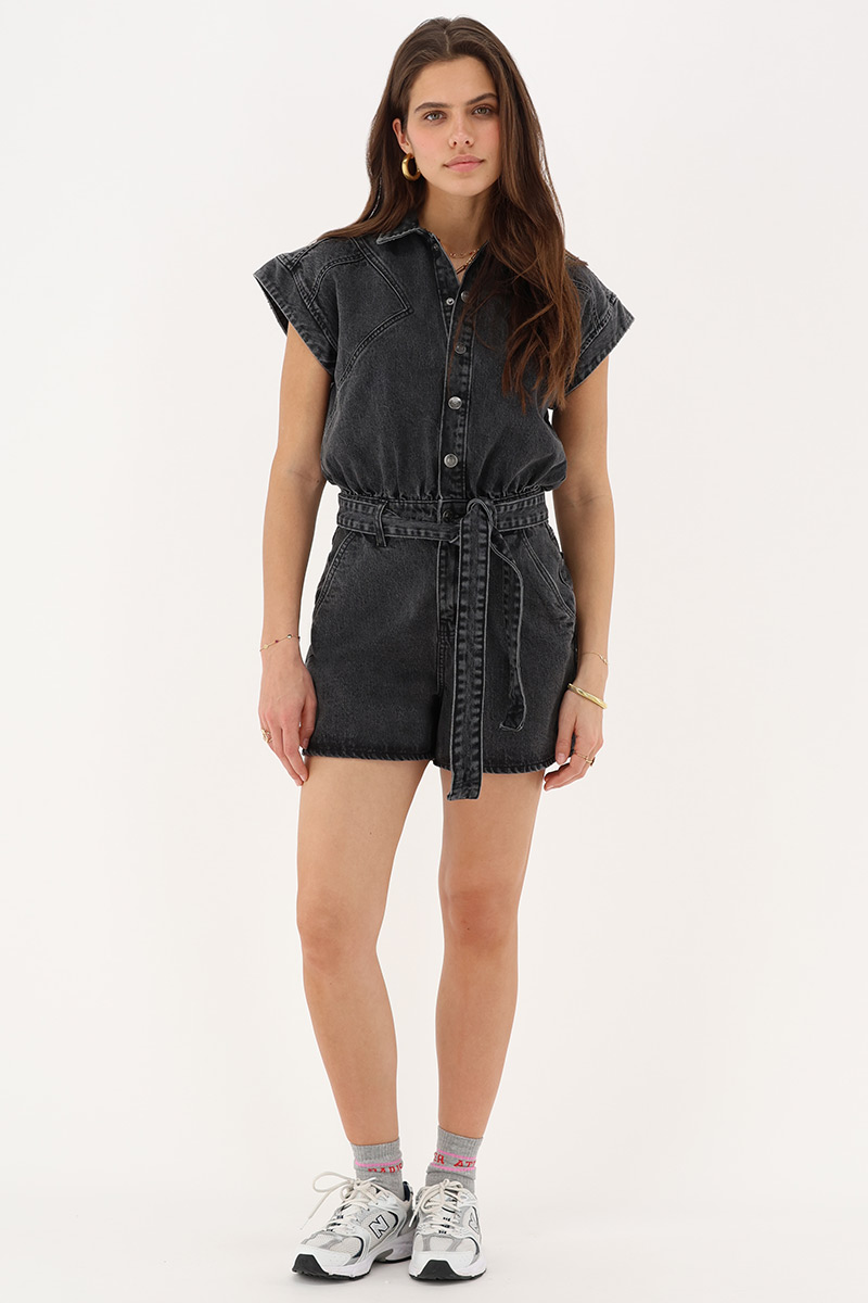 Grey denim playsuit with waistband | My Jewellery
