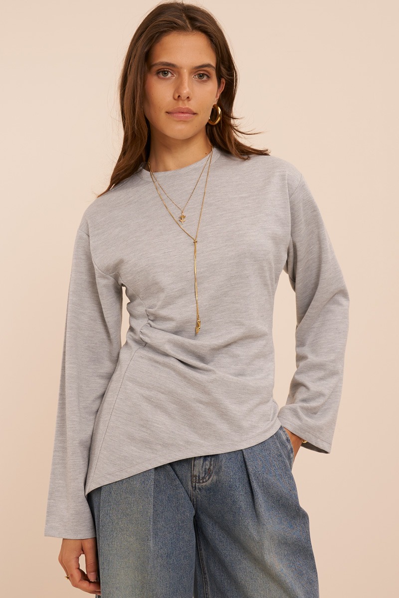 Grey top with long sleeves and pleat detail | My Jewellery