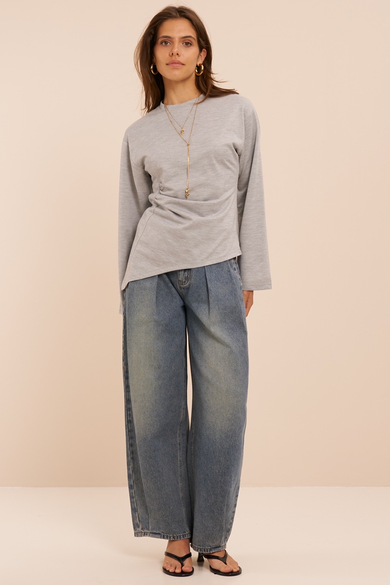 Grey top with long sleeves and pleat detail | My Jewellery