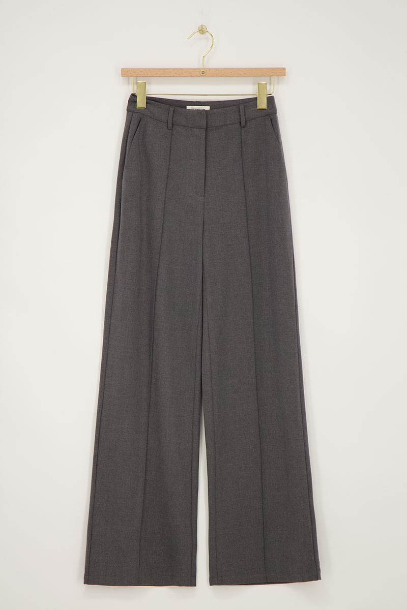 Grey wide leg pants with concealed button down shirt