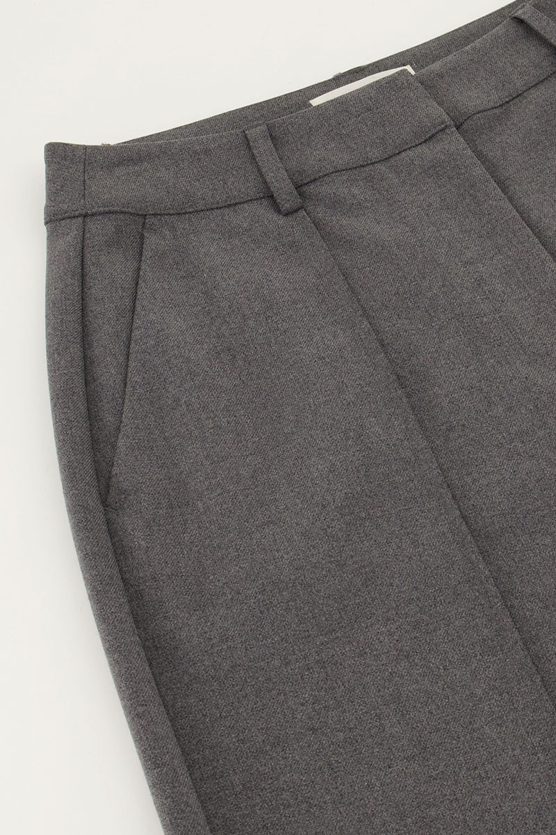 Grey wide leg pants with concealed button down shirt