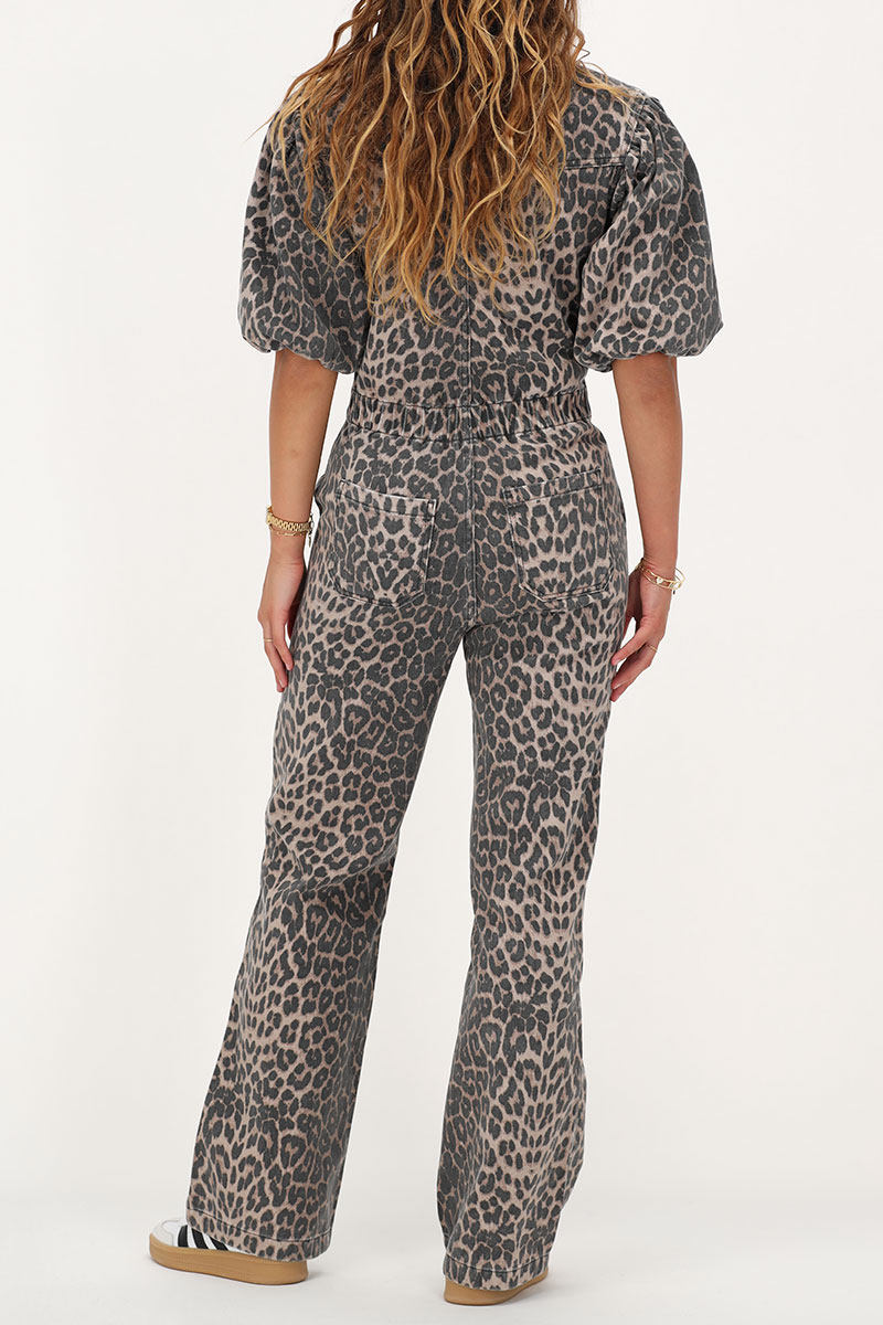 Leopard print denim jumpsuit with puff sleeves | My Jewellery