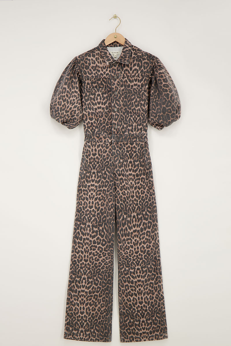 Leopard print denim jumpsuit with puff sleeves | My Jewellery