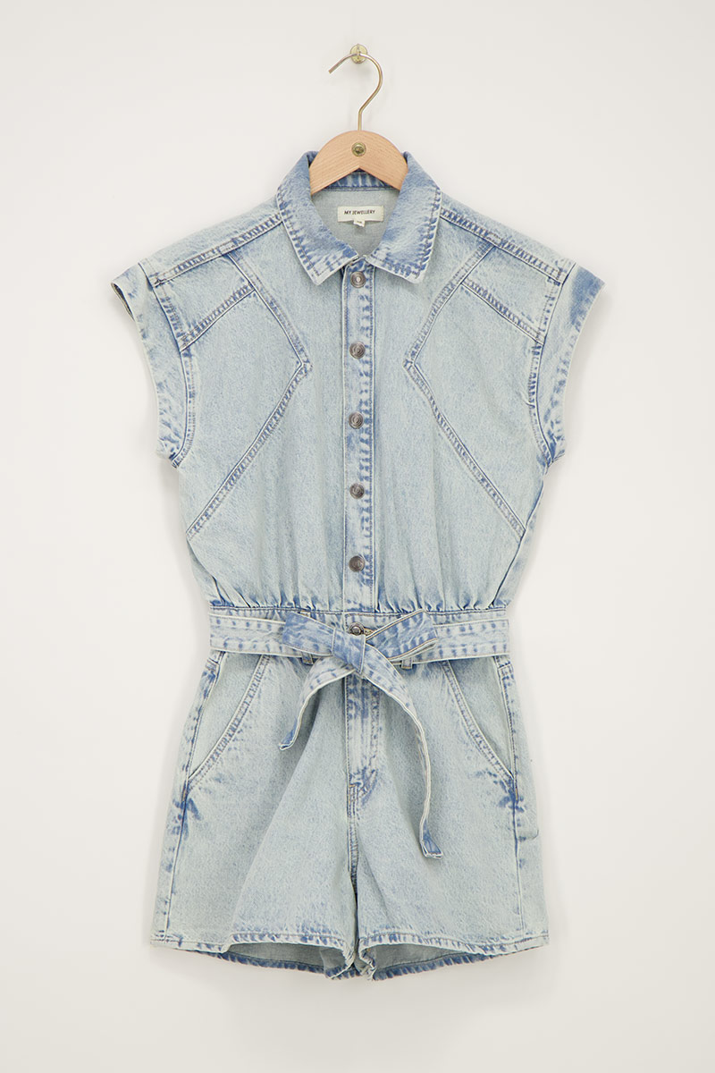 Light blue denim playsuit with belt | My Jewellery