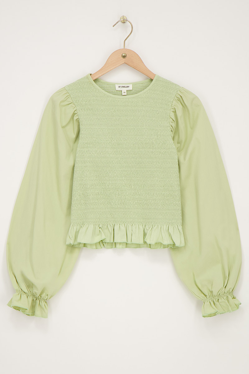 Light green smock top with ruffles