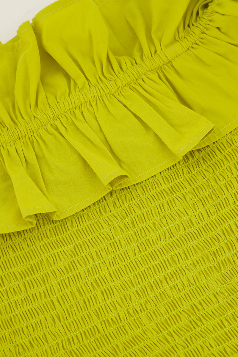 Lime green dress with ruffles &amp; smock | My Jewellery