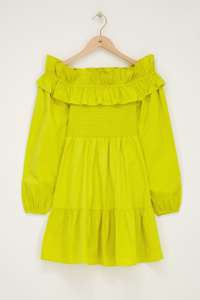 Lime green dress with ruffles &amp; smock | My Jewellery