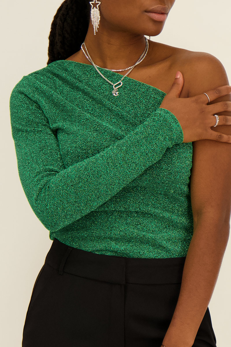 Grünes One-Shoulder-Oberteil mit Lurex | My Jewellery 