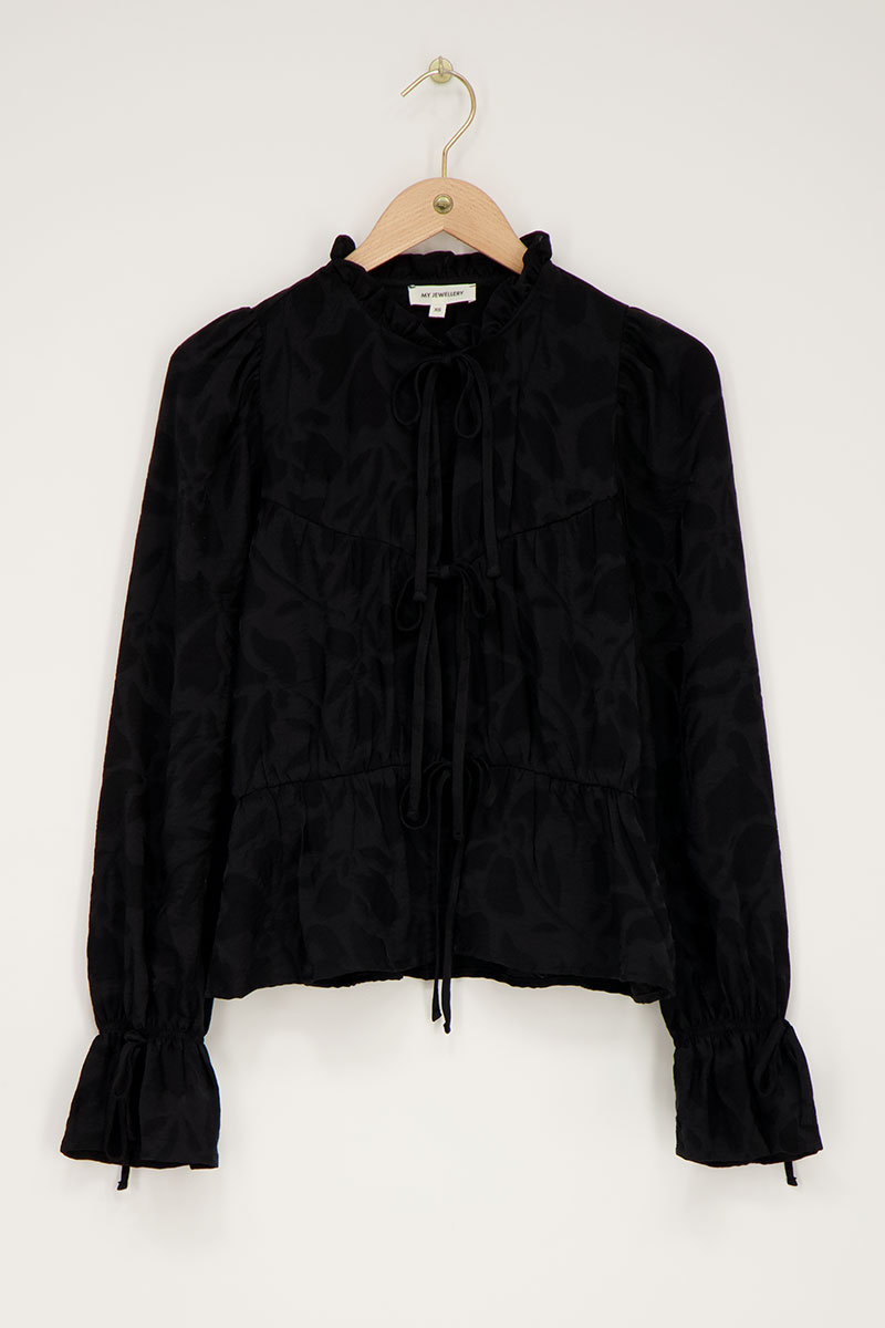 Black jacquard top with bows & ruffled sleeves | My Jewellery