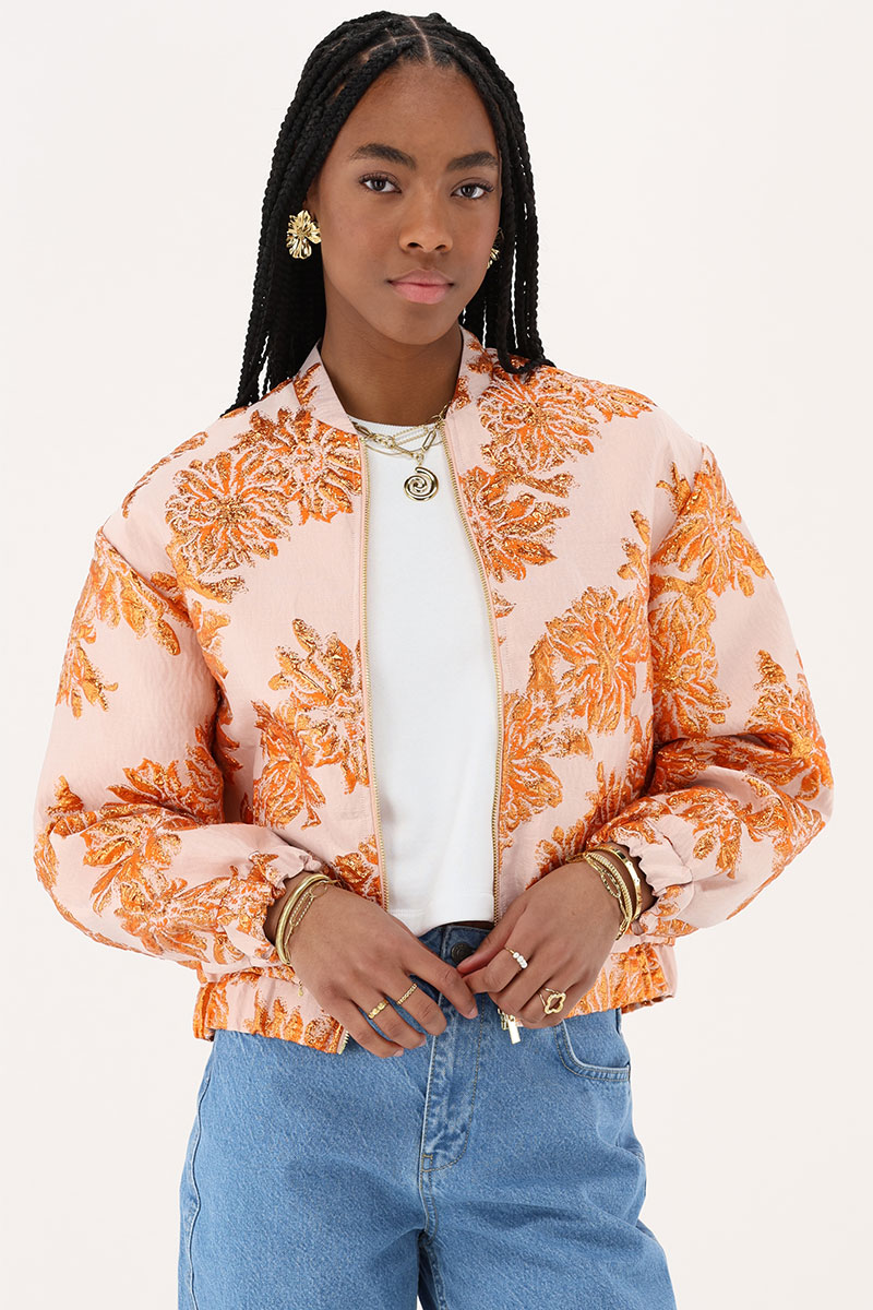 Orange jacquard bomber with floral details | My Jewellery