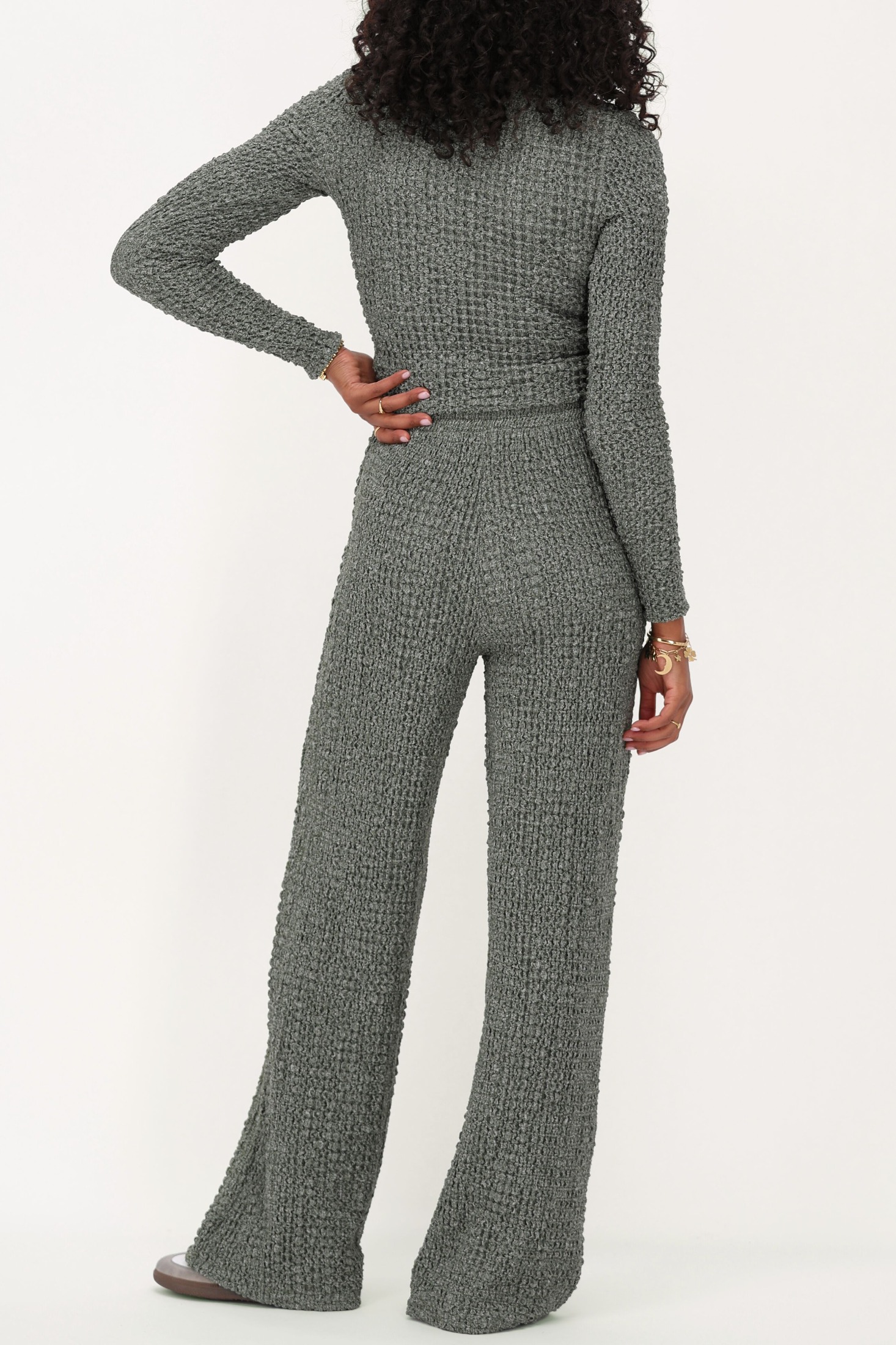 green wide leg trousers with texture