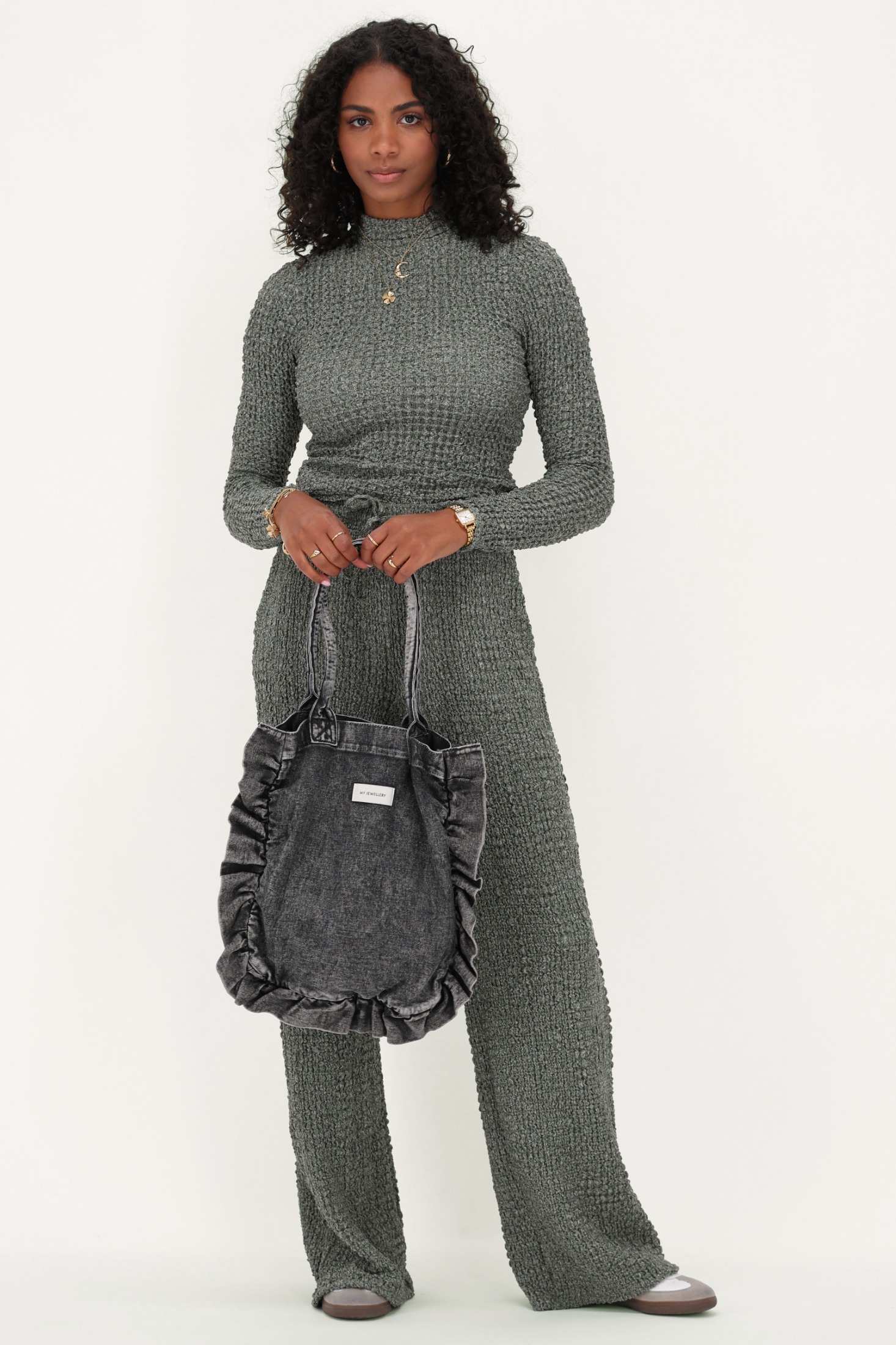 green wide leg trousers with texture