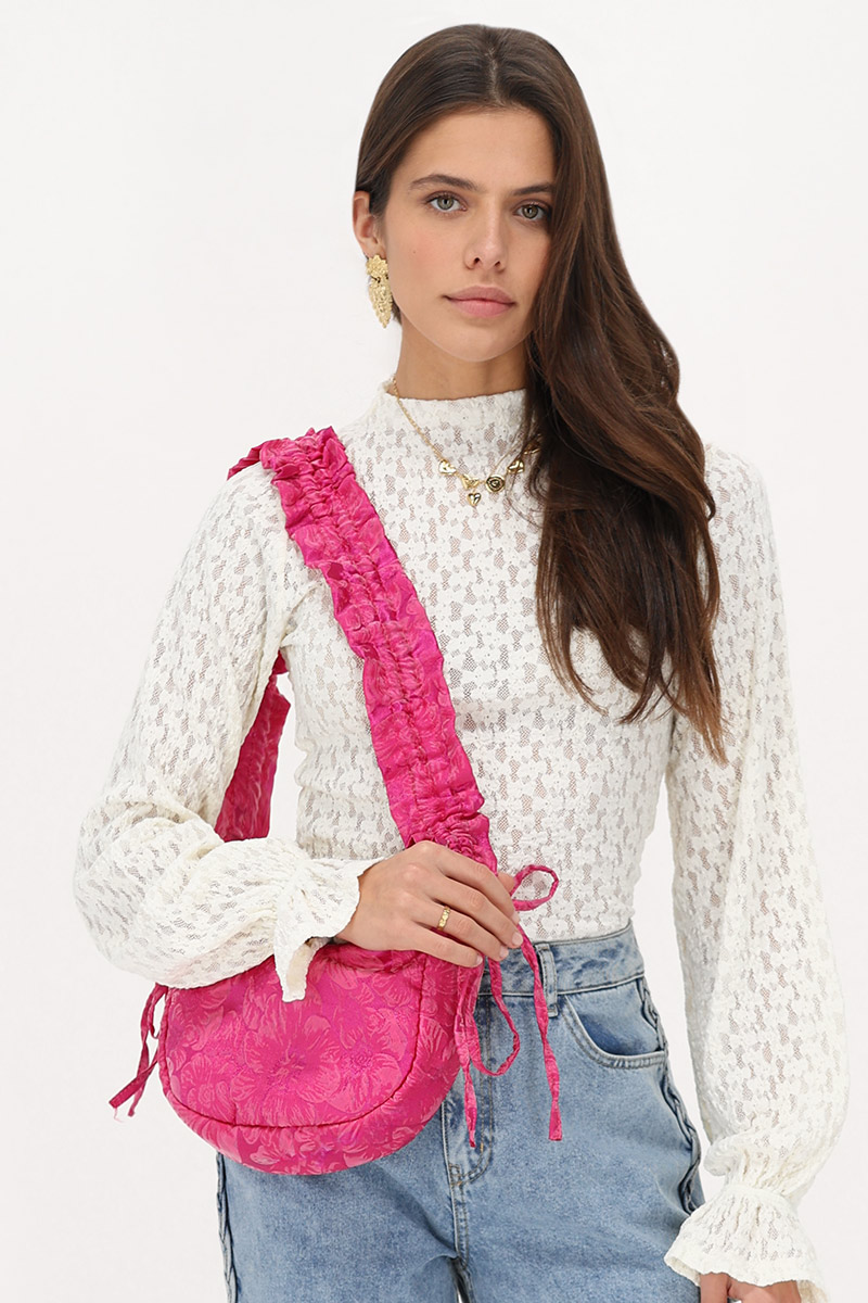 Pink crossbody bag with jacquard & ruffles | My Jewellery