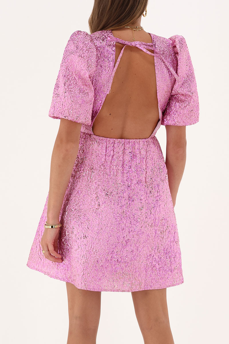Pink jacquard dress with puff sleeves | My Jewellery