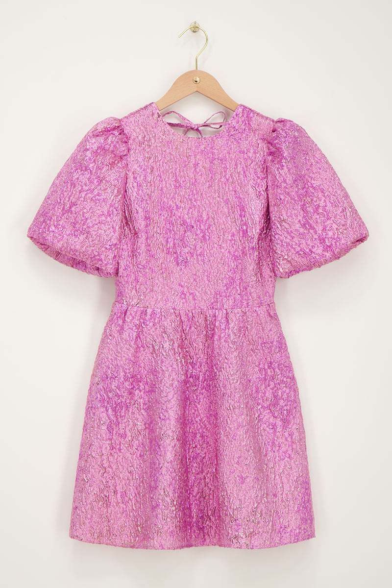 Pink jacquard dress with puff sleeves | My Jewellery