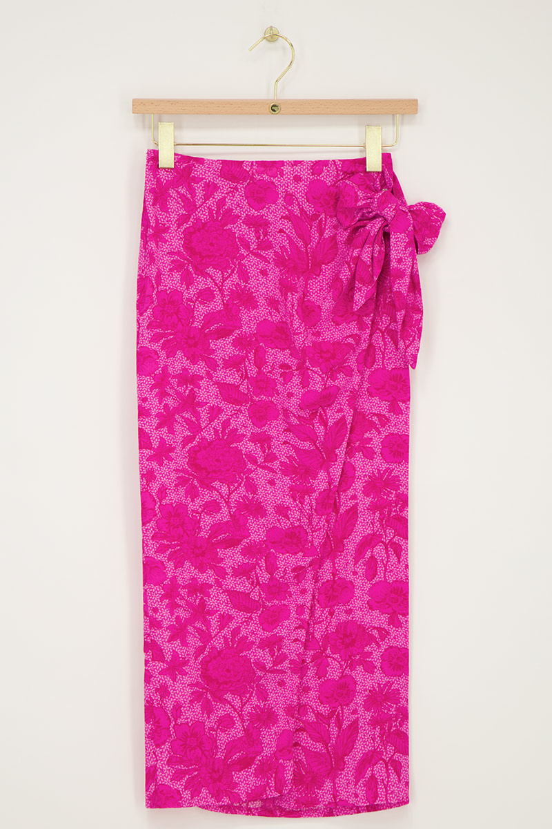 Roze midi rok met overlap en bloemenprint
