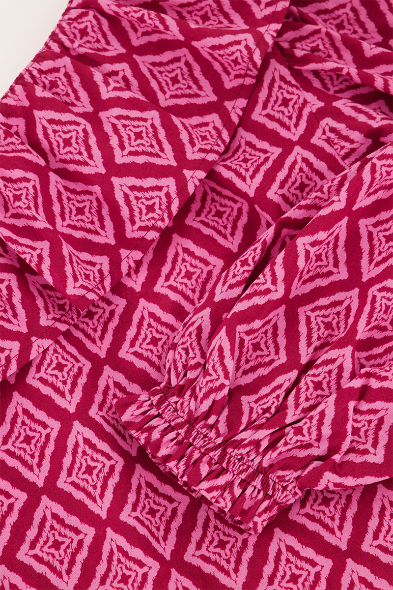 Pink ruffled one-shoulder top with Ikat print | My Jewellery