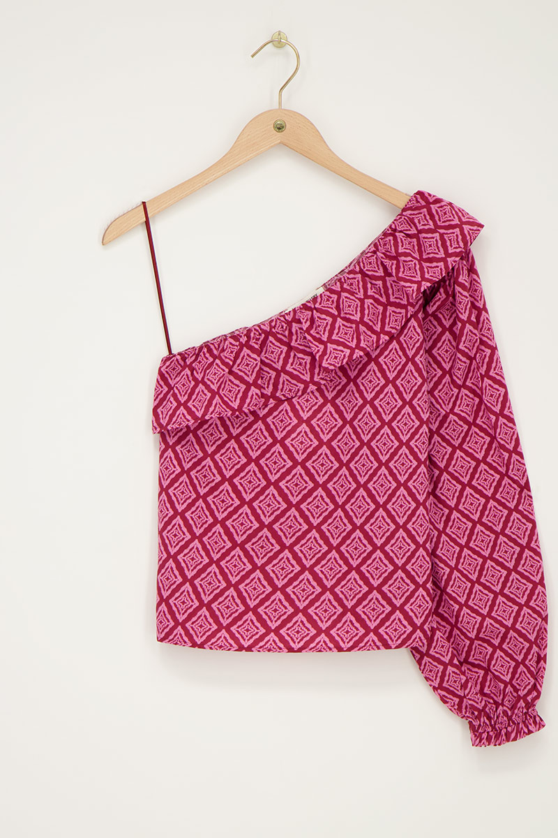 Pink ruffled one-shoulder top with Ikat print | My Jewellery