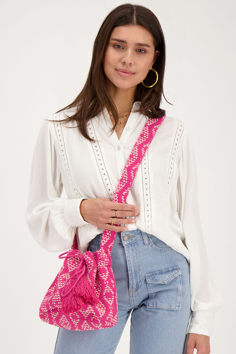 Pink round shoulder bag with woven Aztec print | My Jewellery