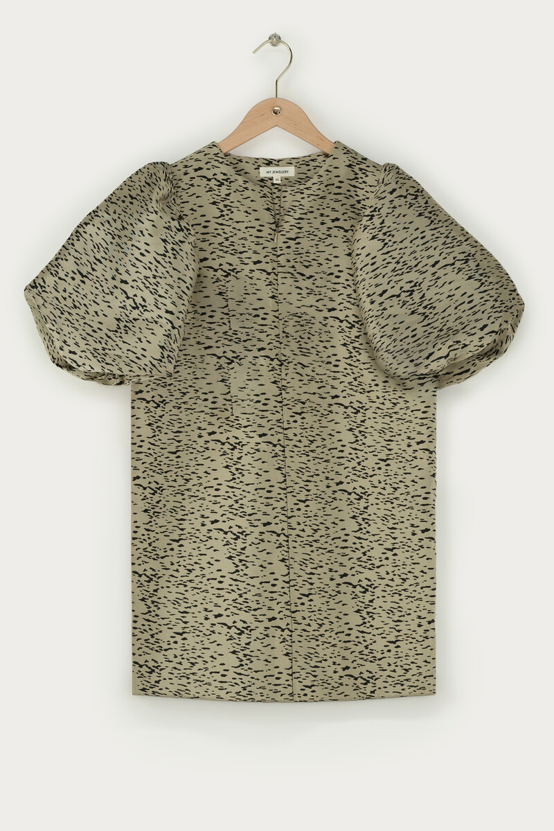 Gold-coloured dress with puff sleeves and animal print | My Jewellery