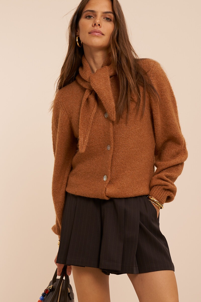 Camel cardigan with detachable scarf | My Jewellery