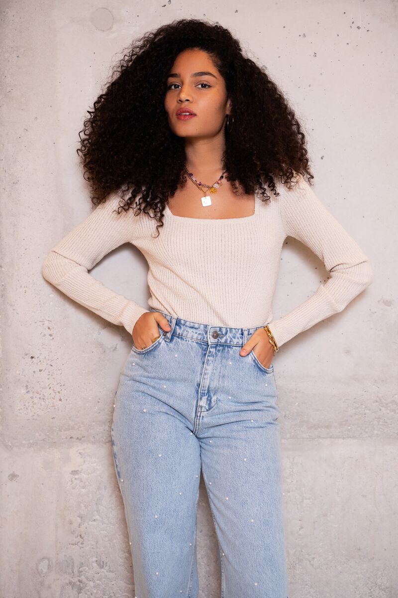 Beige boucle top with square neckline | My Jewellery